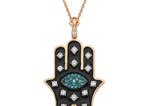 FATIMA S HAND L BLACK ENAMEL BLUE & DIAMOND GOLD NECKLACE Online now