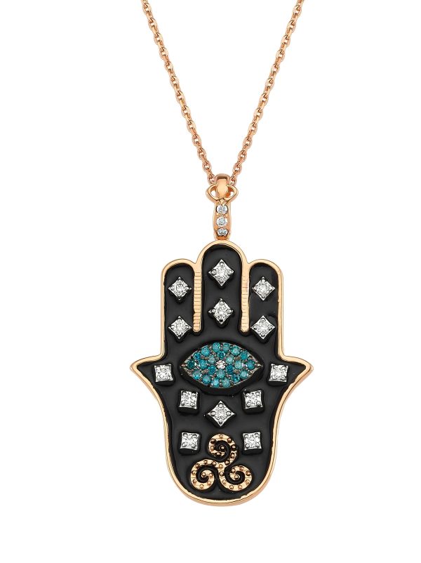 FATIMA S HAND L BLACK ENAMEL BLUE & DIAMOND GOLD NECKLACE Online now