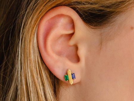 “Arrows” 18k Emerald + Sapphire Baguette Stud Earrings Discount