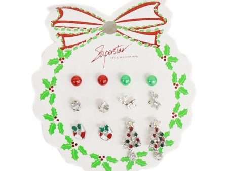 6-Pair Assorted Christmas Stud Earrings Set In Silver Sale